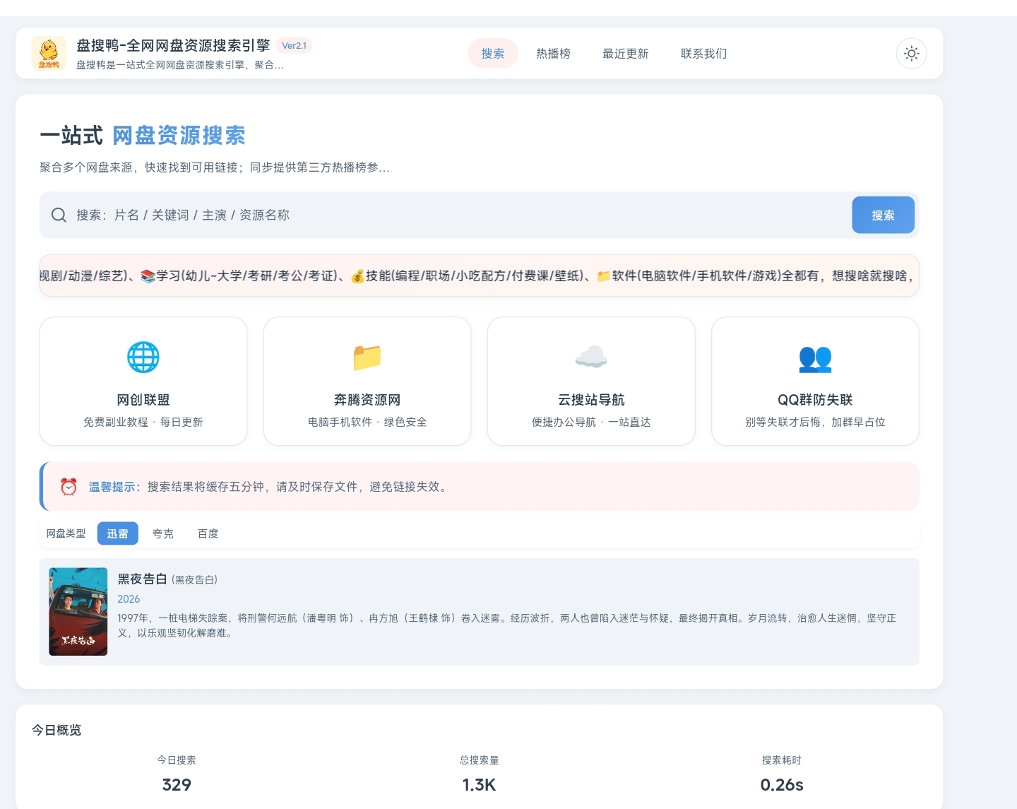全网网盘资源一站式搜：聚合夸克阿里百度等12+网盘，免费无需注册每日更新的搜索引擎神器